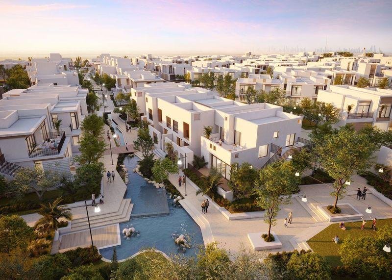 Townhouse community with landscaped streets in the UAE