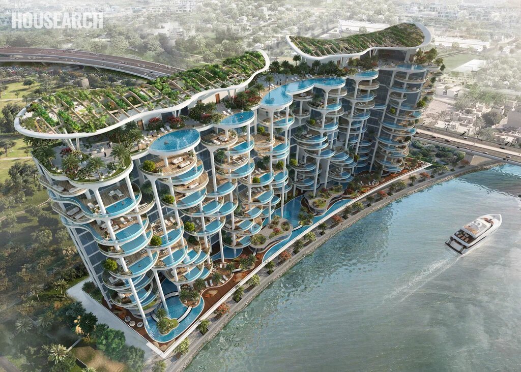 Aerial view of a waterfront development in the UAE