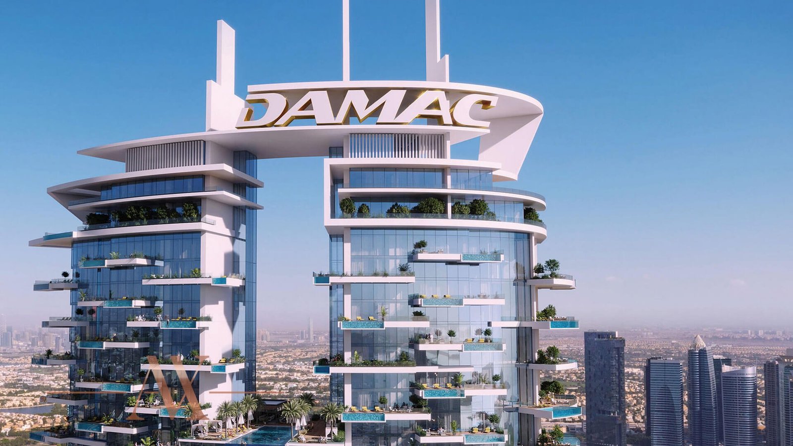 Modern residential towers in Dubai at dusk overlooking landscaped grounds
