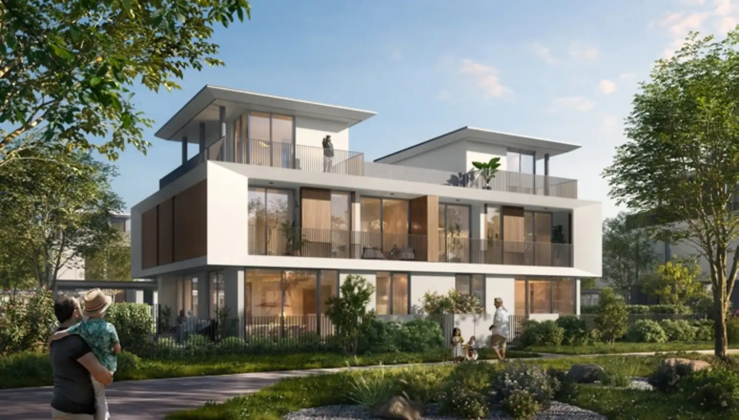 Modern standalone villa exterior in a Dubai community