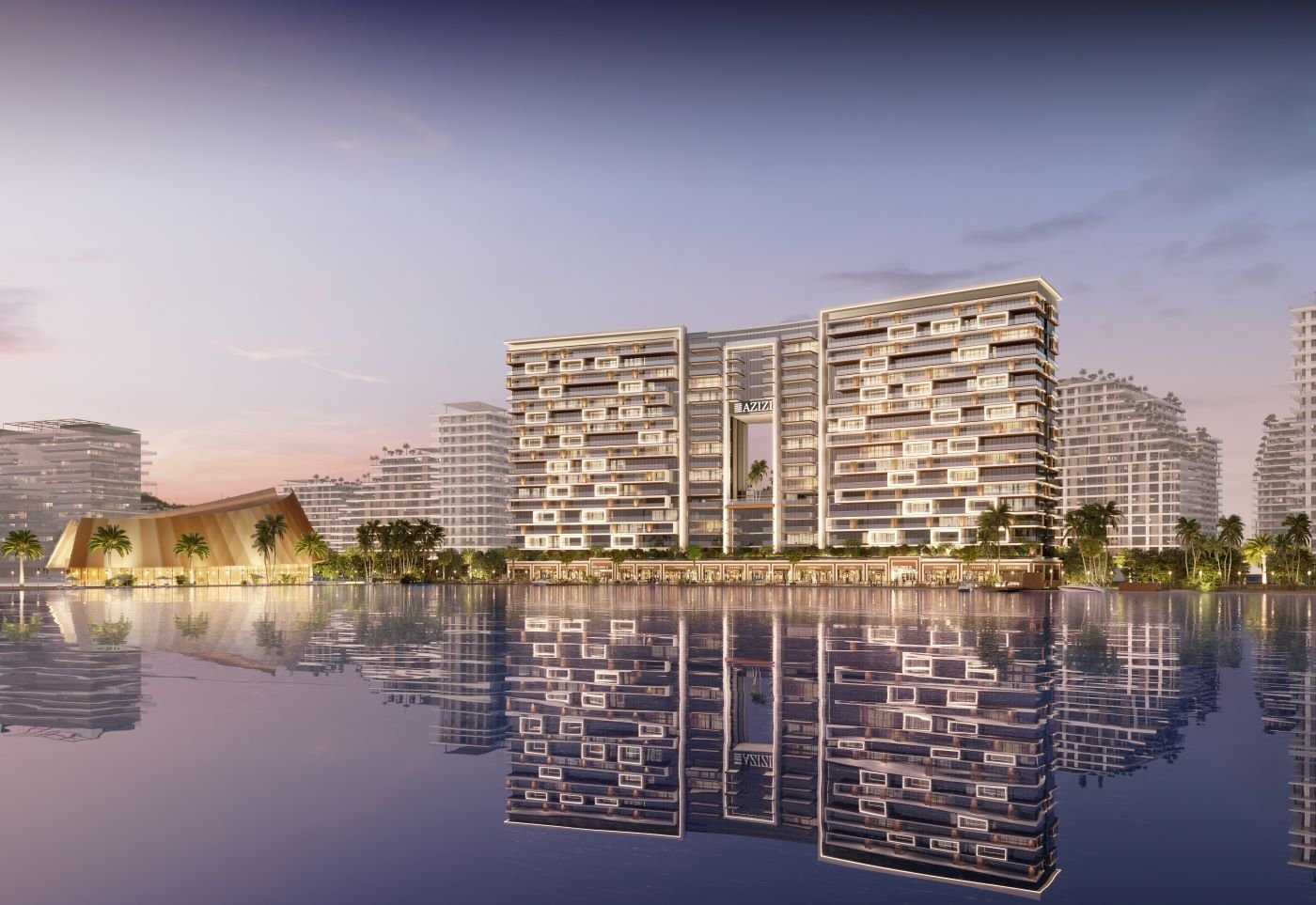 Waterfront residential development at dusk in the UAE